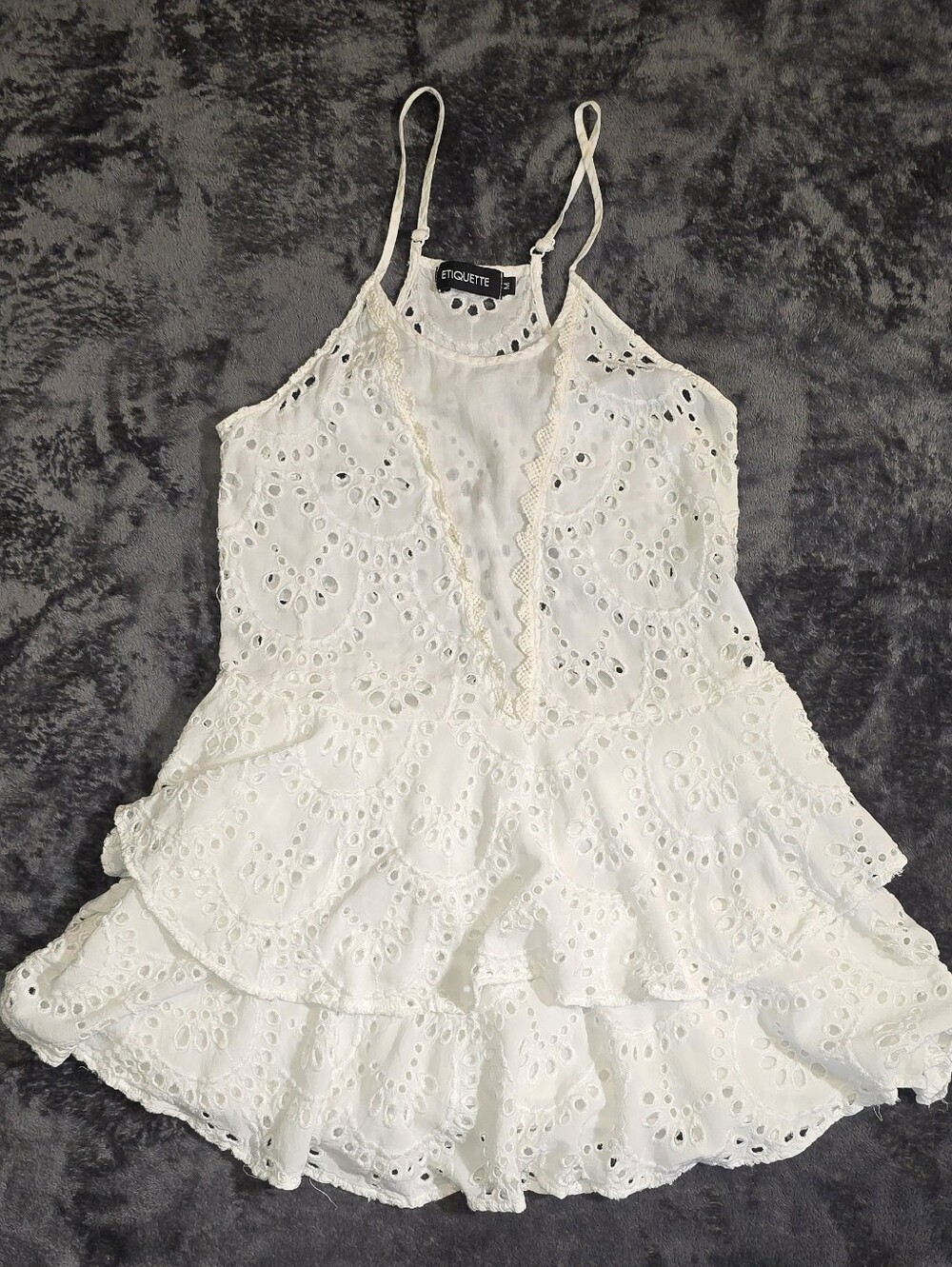 Etiquette Clothiers White Eyelet Tiered Camisole Tunic Top Summer